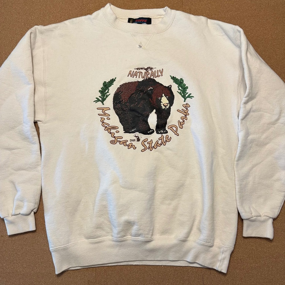 Soffe Michigan State Parks Sweatshirt Mens Large Cream Vintage Bear Graphic USA